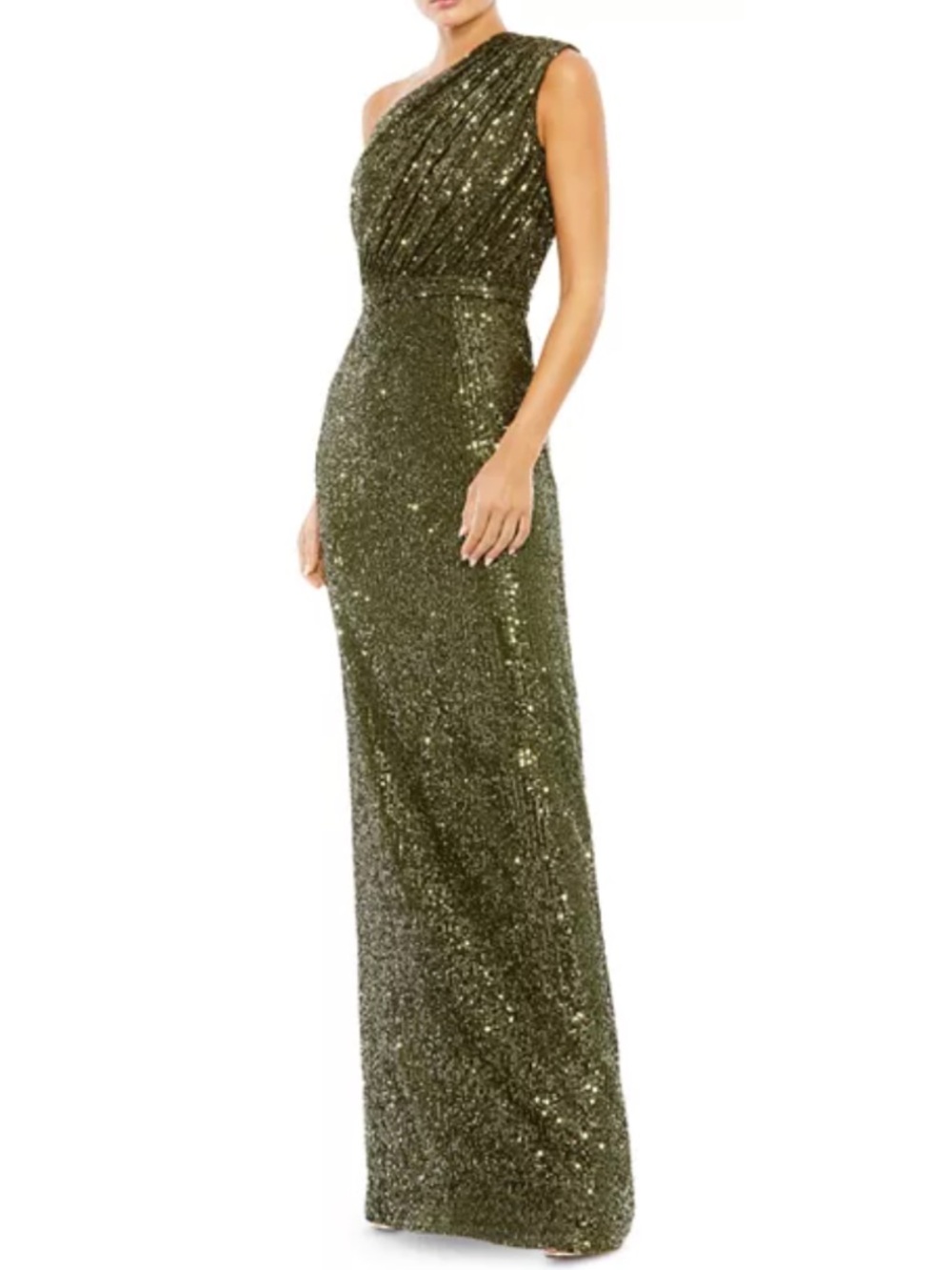 Mac Duggal Olive Green One-Shoulder Sequin Evening Gown